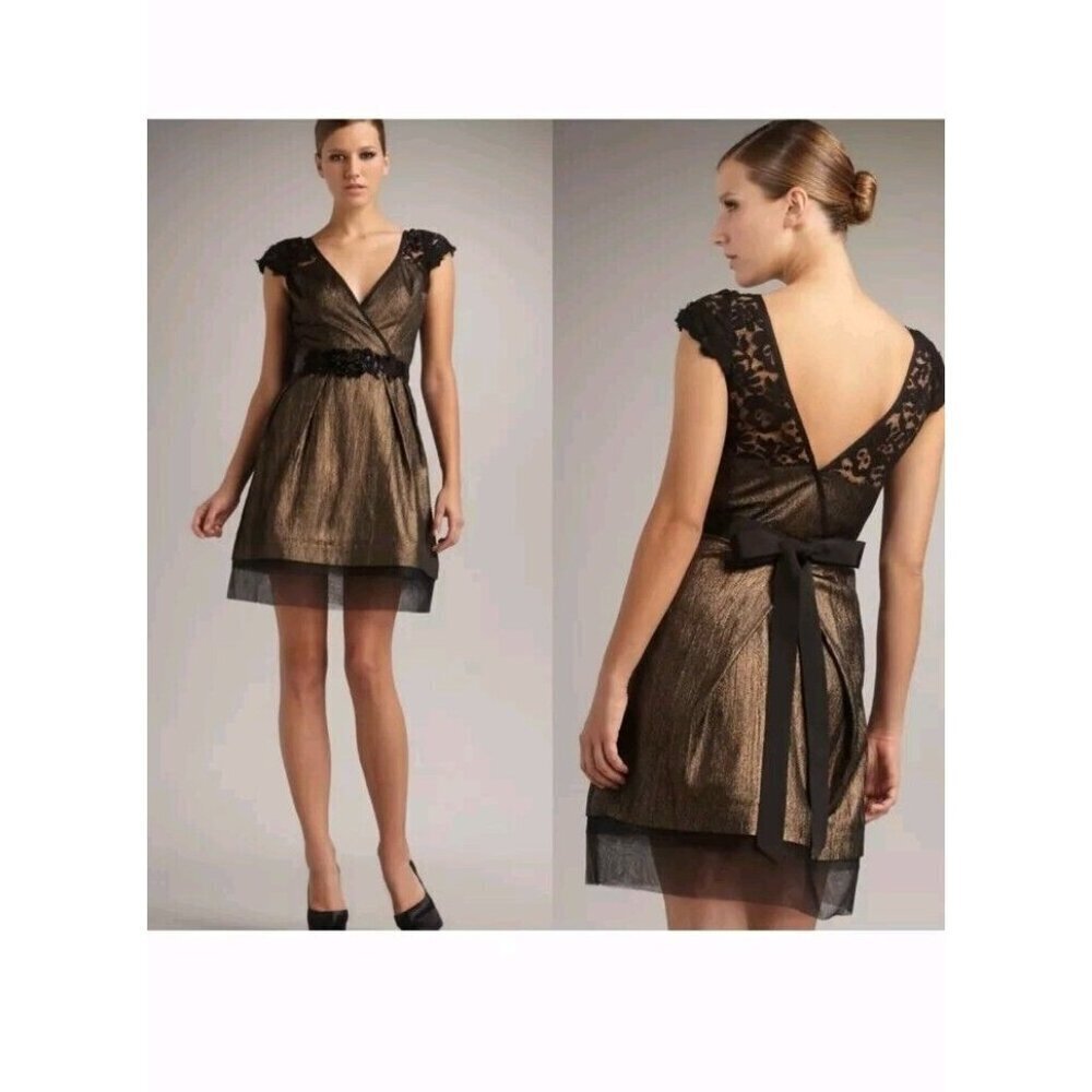 Vera‎ Wang Lavender Label Dress Size 6 Gold Metallic with Black Lace